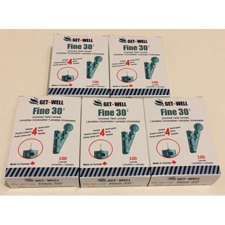 GET•WELL Fine 30g Universal Twist Lancets - Made in Canada ! Unique 4 Bevel Tip Offers Quick Healing & Less Pain ! 5 Boxes (500 Lancets)