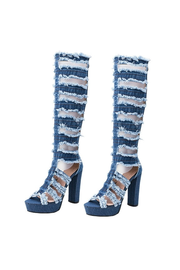 1 Pair High Knee Boots Ladies Denim Fabric Comfortable Travel