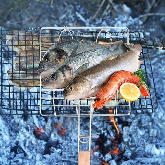 GETAJGHSD 1-Pack Iron Wire Wood BBQ Fish Holder for Kitchen Utensils, Size 43x22.5x0.8 inches