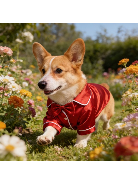 1Set Stylish Red Satin Dog Pajamas Two Legged Sleepwear with Soft Lapel and Bowknot Headband