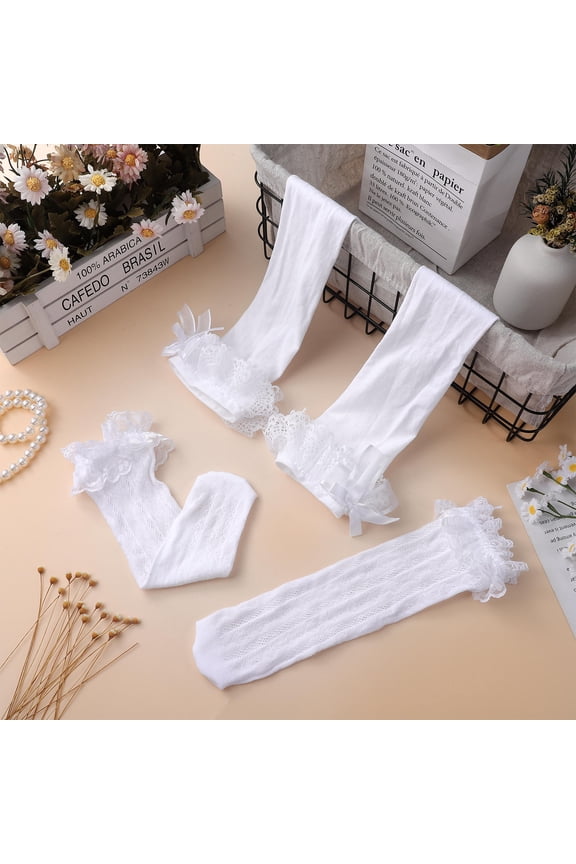 2Pairs Cute White Long Socks with Lace and Bow for Costume and Oktoberfest