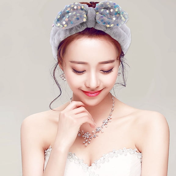 GETAJGHSD 2Pcs Sequins Bow Hair Scrunchies Grey Elastic Headband for Spa and Shower