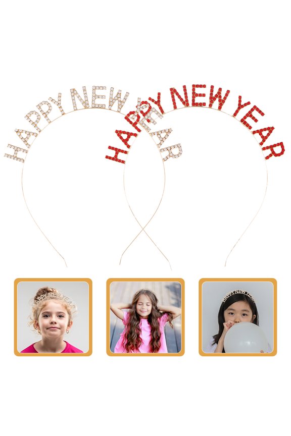 2Pcs Decorative Happy New Year Headband with Rhinestones Assorted Colors Party Hair Accessories