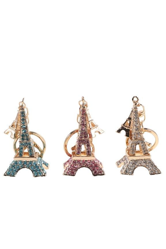 3Pcs French Souvenir Keychains Metal Eiffel Tower with Decorative Rhinestones