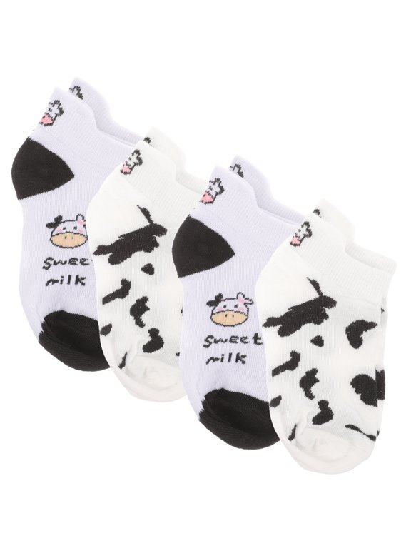 Cow Pattern Boat Socks, White Cotton, Adorable and Comfortable, 4Pairs