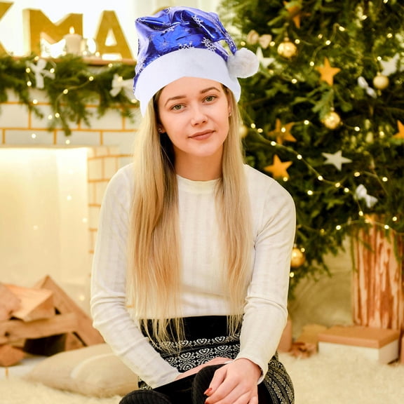 GETAJGHSD 4Pcs Blue Glitter Santa Hat Christmas Headdress with Snowflake Pattern for Adults Holiday Party
