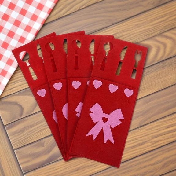 GETAJGHSD 4Pcs Red Felt Silverware Holder with Heart Bow for Valentines Day Table Decoration