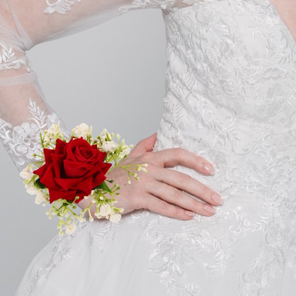 GETAJGHSD 4Pcs Red Artificial Flower Wrist Corsage Bracelet with Ribbon Adjustable for Wedding and Party Decoration