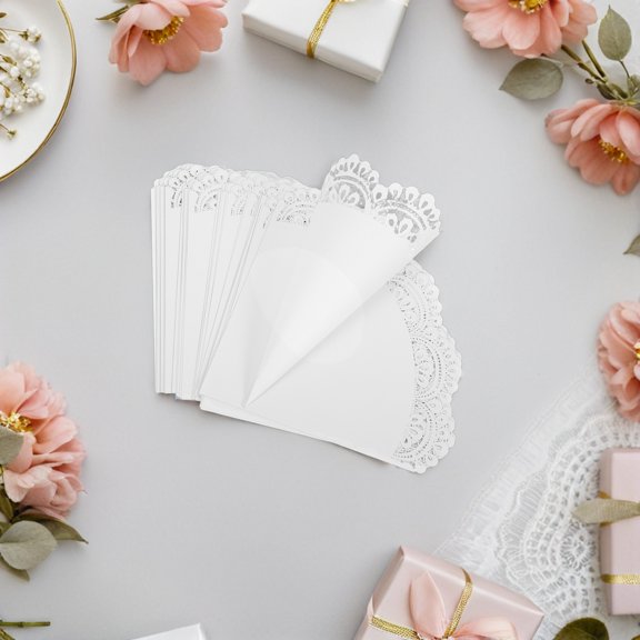 GETAJGHSD 50Pcs Party Confetti Cone Holders in White Paper Featuring Elegant Hollow Floral Pattern for Wedding Toss