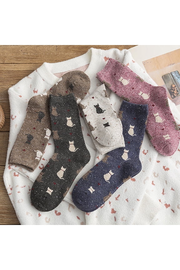 5Pairs Vintage Socks for Winter Assorted Color Soft Wool Stockings with Kitten Pattern