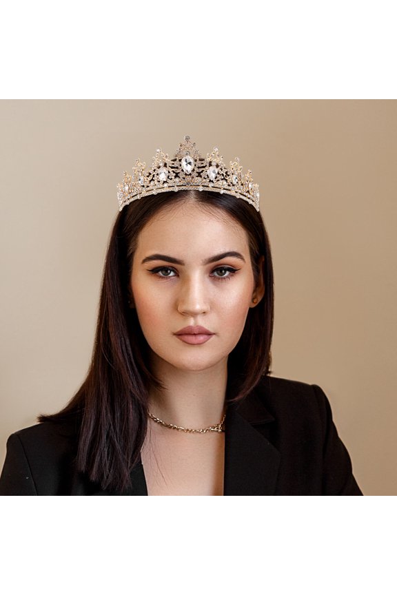 Bride Crown For Wedding Crystal Crown Headpiece Golden Metal 1Pack