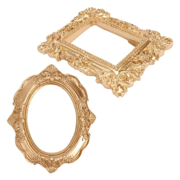 GETAJGHSD Golden Resin Round Photo Frame Adornment with Carved Design for Home Decoration Small Frame Ornament 2Pcs