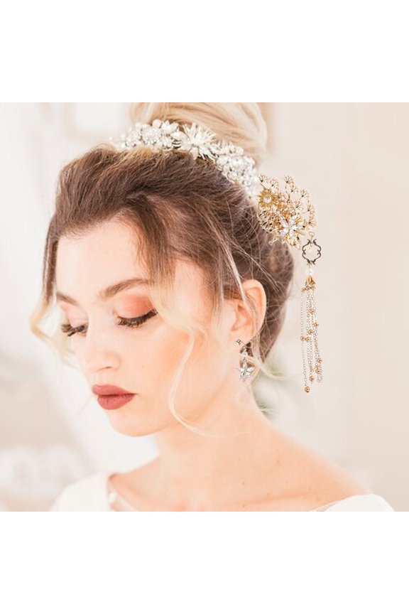 Golden Rhinestone Hair Stick Metal Hairpin for Chinese Wedding and Hanfu Head Ornament