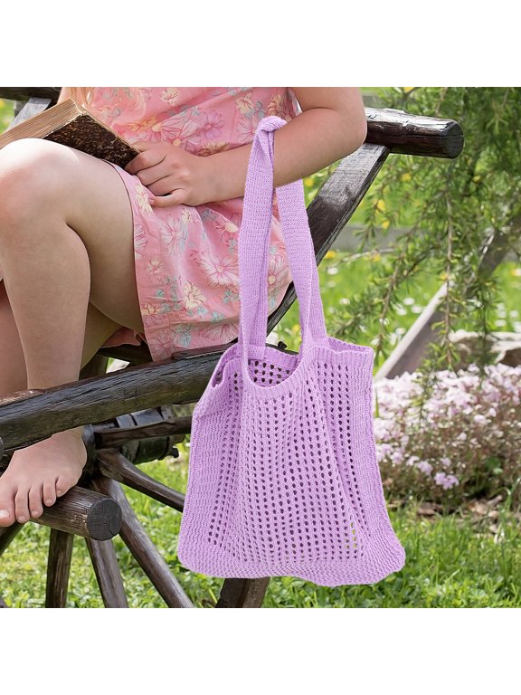 Violet Knitted Shoulder Bag with Hollow Design Large Capacity for Travel and Daily Storage
