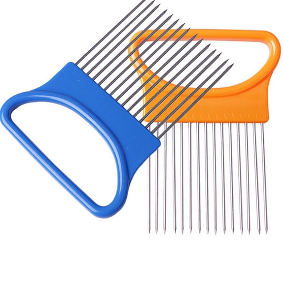 GETAJGHSD Stainless Steel Onion Fork for Even Slicing - Blue Plastic Grip Kitchen Tool