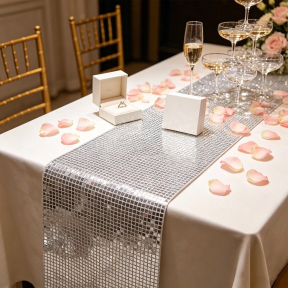 GETAJGHSD Luxury Plated Silver Sequin Table Runner with Lockstitch Edges for New Year and Festive Table Decor