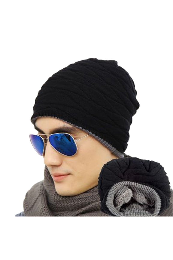 Men's Black Thick Lined Knit Skull Cap Acrylic Warm Winter Beanie