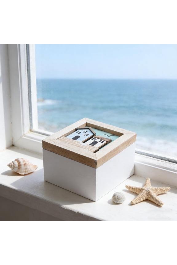 Decorative Wooden Trinket Storage Box with Nautical Coastal Home Accent