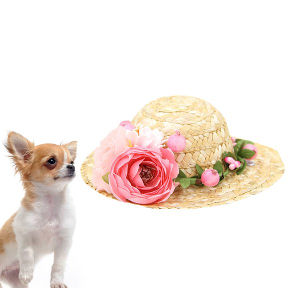 GETAJGHSD Pet Straw Hat Pink Woven Flower Design Comfortable Soft Material Photo Prop for Dogs