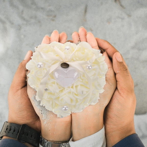 GETAJGHSD Romantic Ivory Wedding Ring Pillow with Artificial Flower for Proposal and Engagement