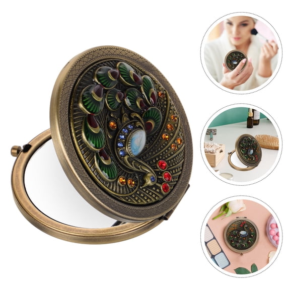 GETAJGHSD Elegant Vintage Embossed Peacock Folding Makeup Mirror Portable Metal Compact