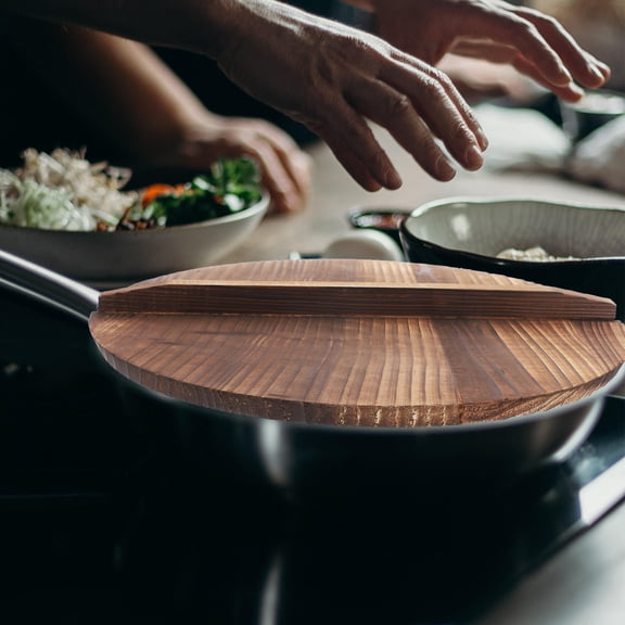 GETAJGHSD Wood Wok Lid Coffee Color 14 Inch Household Pot Cover with Anti Splash and Handle