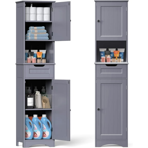 GETHFS 67" H Tall Bathroom Cabinet – Narrow Freestanding Linen Tower with 2 Doors & 1 Drawer, Adjustable Shelves, Anti-Tipping, Modern Storage Organizer for Bathroom, Kitchen, Home, Grey
