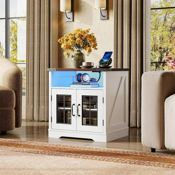 GETHFS Farmhouse End Table with Charging Station and LED Lights, Adjustable Storage Shelf Side Table for Living Room, Bedroom, or Office, Rustic Rectangular Nightstand, Espresso