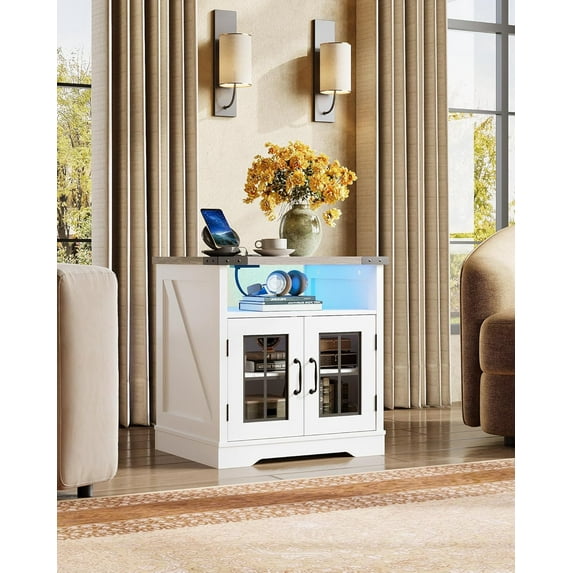 GETHFS Farmhouse End Table with Charging Station and LED Lights, Adjustable Storage Shelf Side Table for Living Room, Bedroom, or Office, Rustic Rectangular Nightstand, Greige