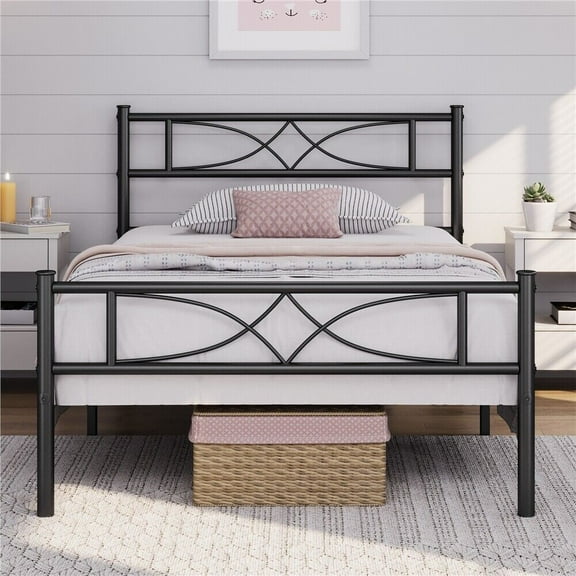 GETHFS Metal Bed Frame Twin Size, Platform Bed with Curved Headboard and Footboard, 13 Inch Under-Bed Storage, Heavy Duty Steel Slats, No Box Spring Needed, Black-twin