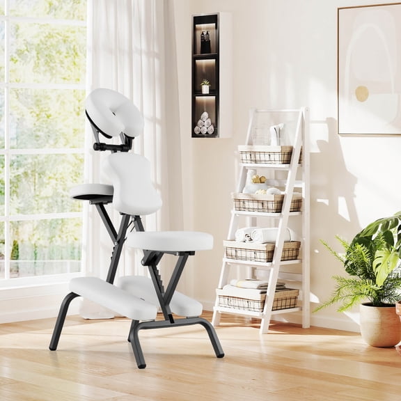 GETHFS Portable Massage Chair with Carry Bag, Adjustable PU Leather Travel Tattoo & Spa Chair, Folding Lightweight Design, 350 lbs Capacity, White