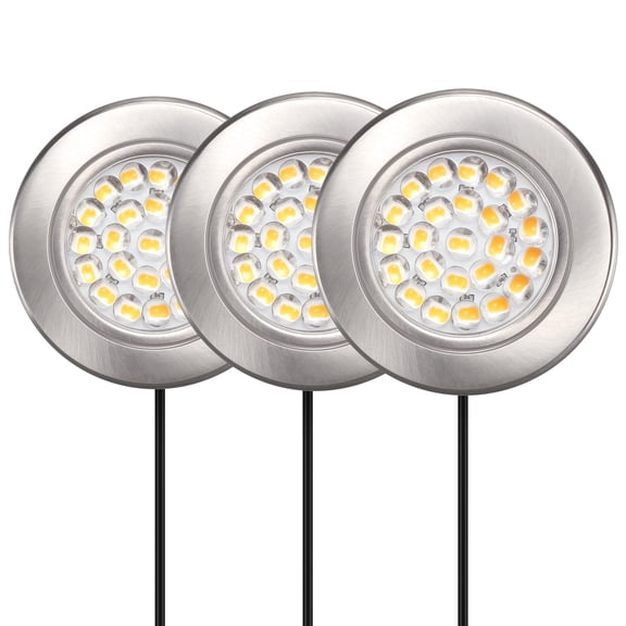 Inlight 2.5-Inch LED Puck Lights, 3000K, Dimmable, Plug-In, Recessed/Surface Mount, 3-Pack, Brushed Nickel