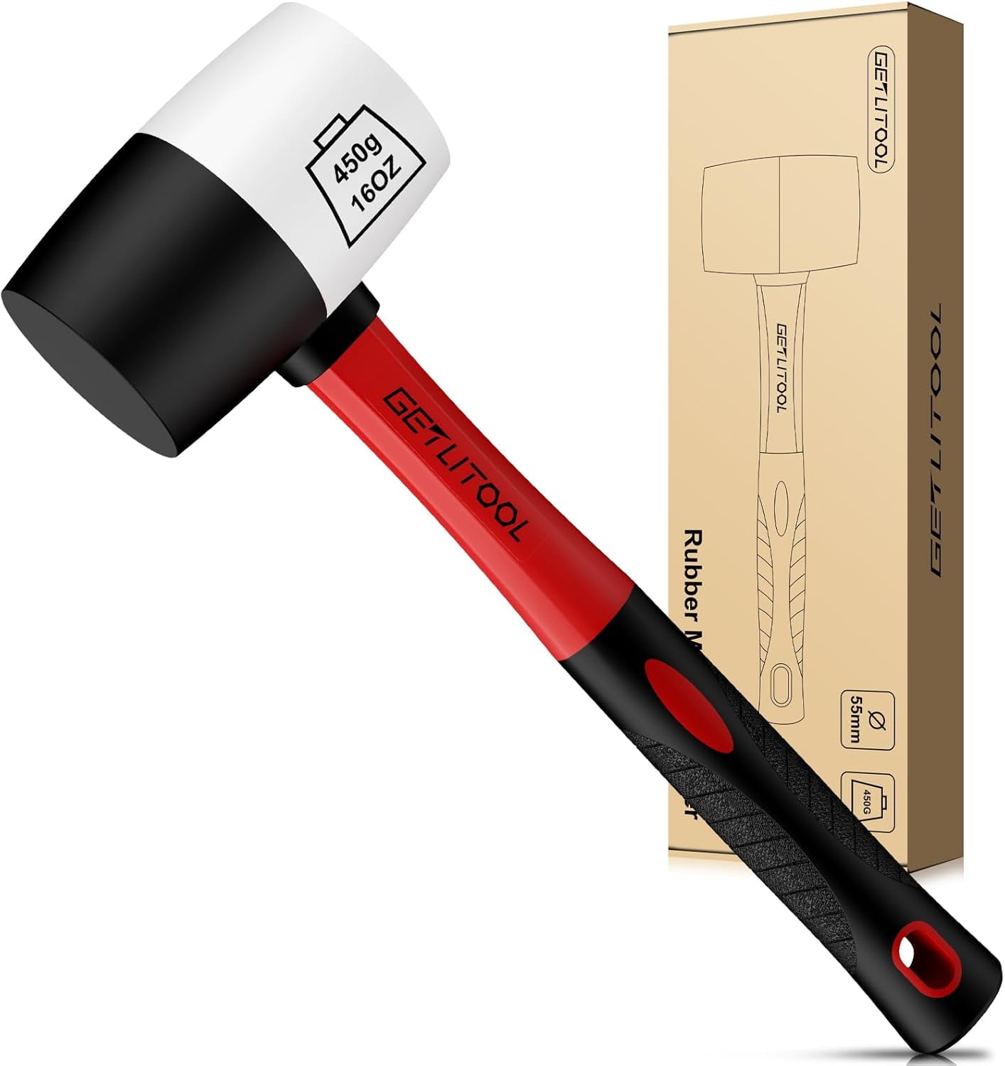 GETLITOOL Rubber Mallet Black/White 16oz, Non-Marking Rubber Mallet Hammer ⌀=55mm with Two Sides, Rubber Hammer with Non-Slip Fiberglass Handle for Camping, Flooring/Tiles Install, Woodworking