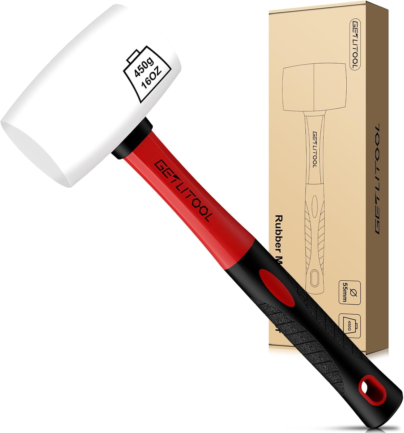 GETLITOOL Rubber Mallet Black/White 16oz, Non-Marking Rubber Mallet Hammer ⌀=55mm with Two Sides, Rubber Hammer with Non-Slip Fiberglass Handle for Camping, Flooring/Tiles Install, Woodworking