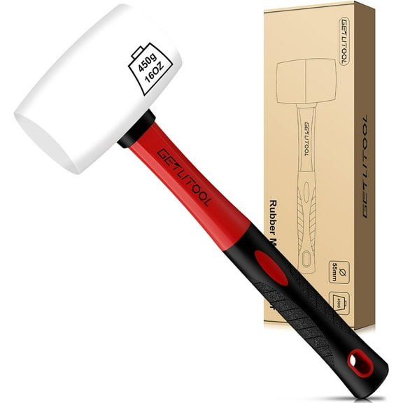GETLITOOL Rubber Mallet Black/White 16oz, Non-Marking Rubber Mallet Hammer ⌀=55mm with Two Sides, Rubber Hammer with Non-Slip Fiberglass Handle for Camping, Flooring/Tiles Install, Woodworking