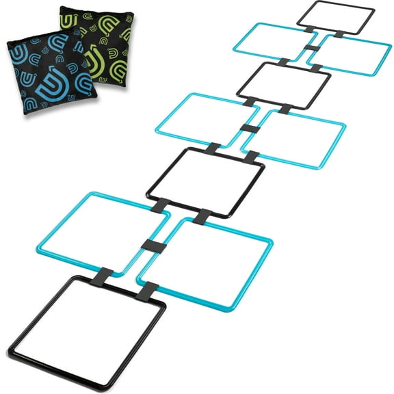 GETMOVIN SPORTS Hopscotch Squares Set with 2 Premium Beanbags Giant Sized 15 Inch Squares with 15 Connectors for Indoor/Outdoor Portable Fun Conditioning Agility Training (Blue)