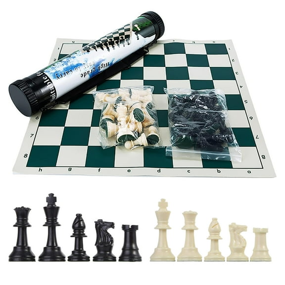 GETORIUM Tournament Chess Set, Portable and Professional Set with Travel Portable Plastic Tube Roll. Plastic Staunton Chess Pieces, Foldable Vinyl Chess Board(13x13 in, Green)