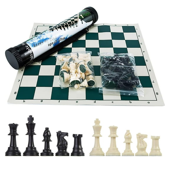 GETORIUM Tournament Chess Set, Portable and Professional Set with Travel Portable Plastic Tube Roll. Plastic Staunton Chess Pieces, Foldable Vinyl Chess Board(19x19 in, Green)
