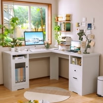 GETYES 60" L Shaped Desk with Drawers, Shelves, Power Outlet & USB, White