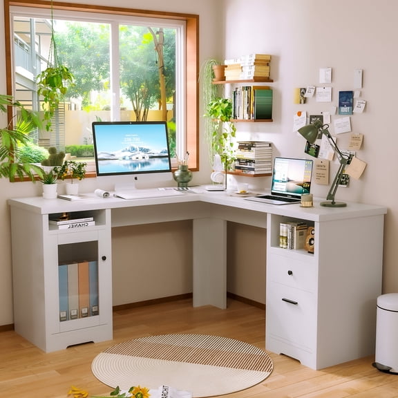 GETYES 60" L Shaped Desk with Drawers, Shelves, Power Outlet & USB, White