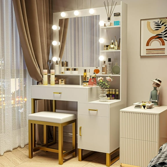 GETYES Adjustable Vanity Set with Lighted Mirror and Stool, White