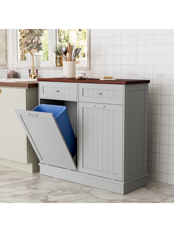 Double Tilt Out Trash Cabinet, Wooden Free Standing Recycling Bin, 20 Gallon (Grey)