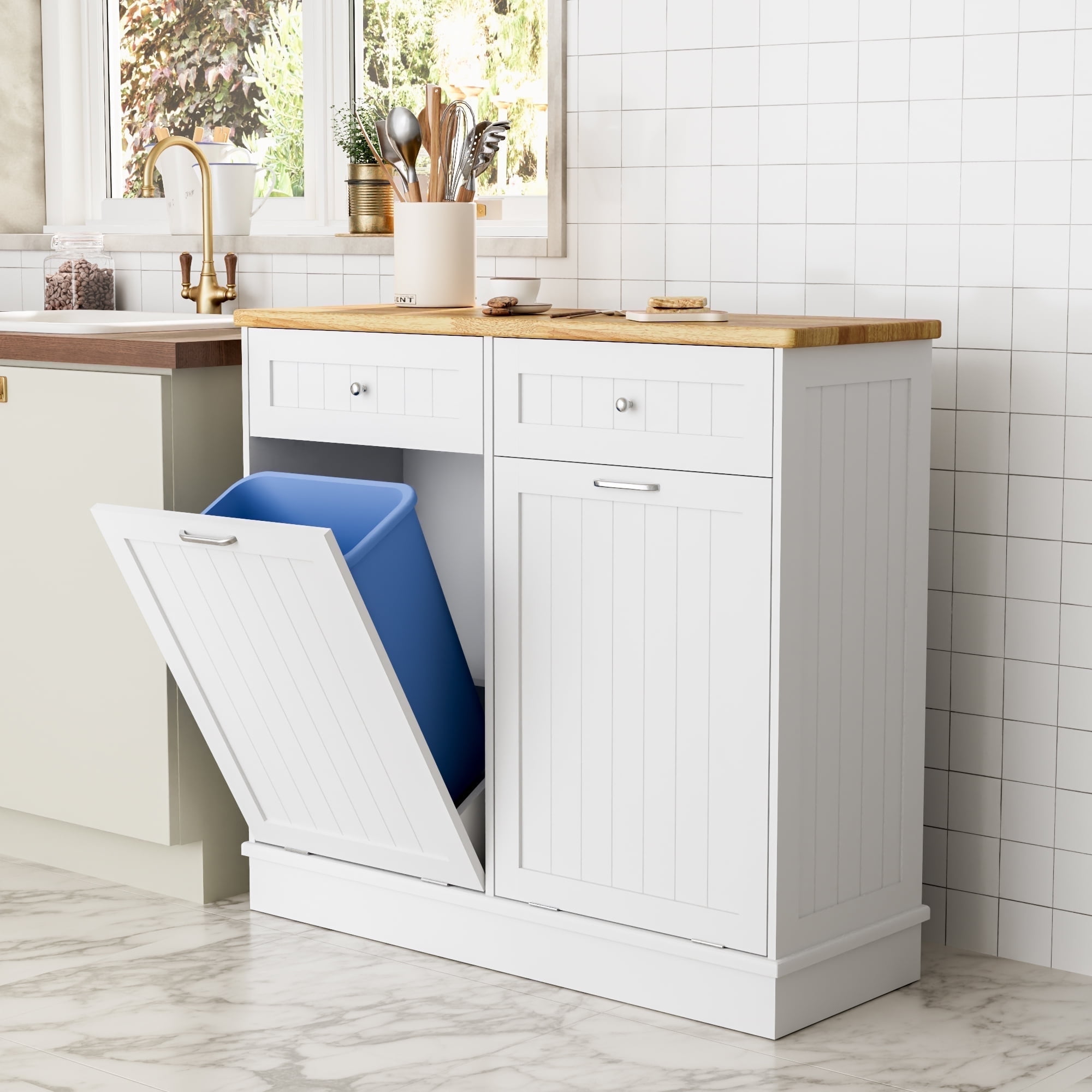 GETYES Double Tilt Out Trash Cabinet, Wooden Recycling Cabinet, 35.83 x 12.99 x 39.37 inches, White