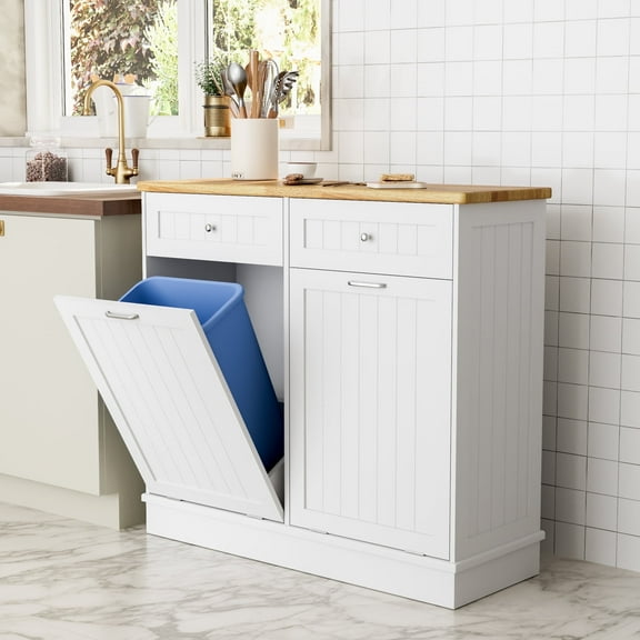 GETYES Double Tilt Out Trash Cabinet, Wooden Recycling Cabinet, 35.83 x 12.99 x 39.37 inches, White