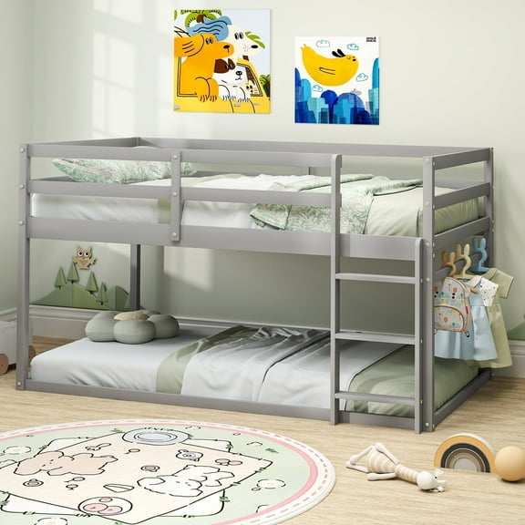 GETYES Compact Twin-over-Twin Bunk Bed with Ladder, Full Safety Guardrails, and Storage, Solid Wood, Gray