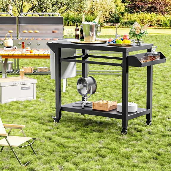 GETYES Outdoor Cooking Prep Table, Heavy-Duty Movable Grill Cart, Black