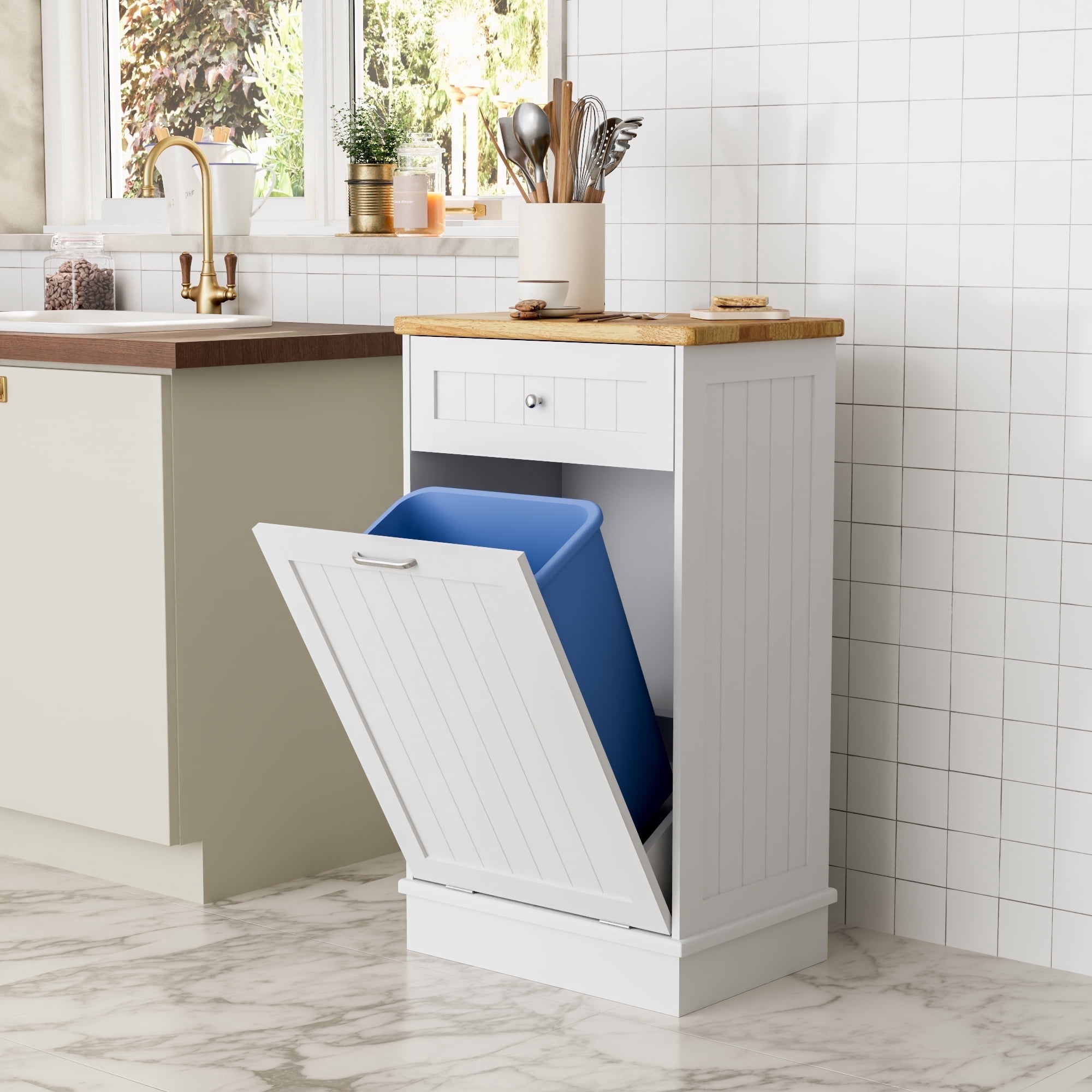 GETYES Single Tilt Out Trash Cabinet, Wooden 10 Gallon Recycling Cabinet, White