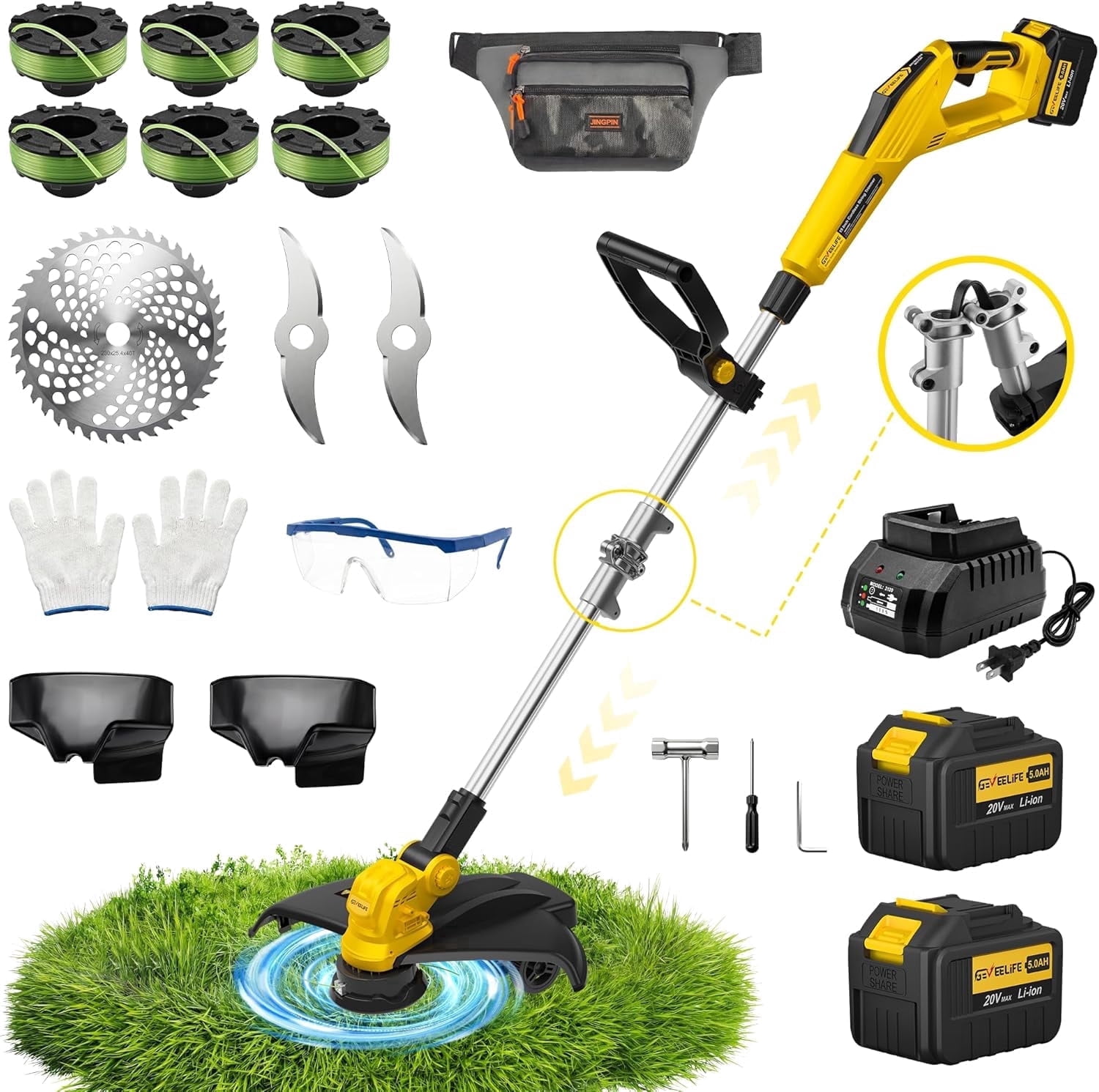 GEVEELIFE Bruchless Electric Weed Wacker String Trimmer,21V Cordless Weed Eater and Edger, 15'' Cutting Width with 2*5.0Ah Batteries Powered Brush Cutter, 4 in 1 Lawn Mower , Eco Friendly Grass Cutter