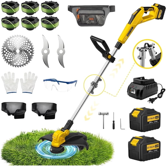 GEVEELIFE Bruchless Electric Weed Wacker String Trimmer,21V Cordless Weed Eater and Edger, 15'' Cutting Width with 2*5.0Ah Batteries Powered Brush Cutter, 4 in 1 Lawn Mower , Eco Friendly Grass Cutter