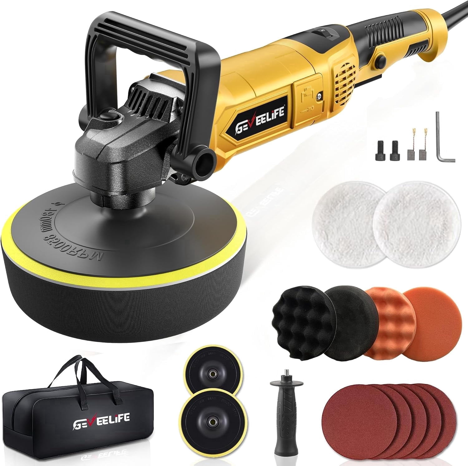 GEVEELIFE Buffer Polisher, 6 Inch/7 Inch 1600W Rotary Car Buffer Polisher Waxer, 7 Variable Speed 1000-3500 RPM, Detachable Handle for Car, Boat Sanding, Polishing, Waxing(Yellow)